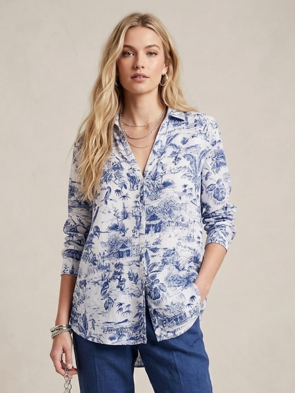 Joie Blue & White Printed Linen Button-Down Shirt